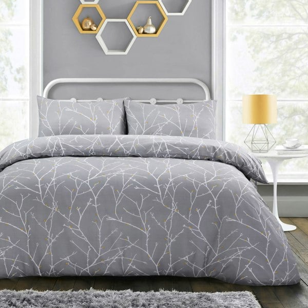 Velosso Autumn Branches Printed Cotton Blend Grey Duvet Cover and Pillowcase Set