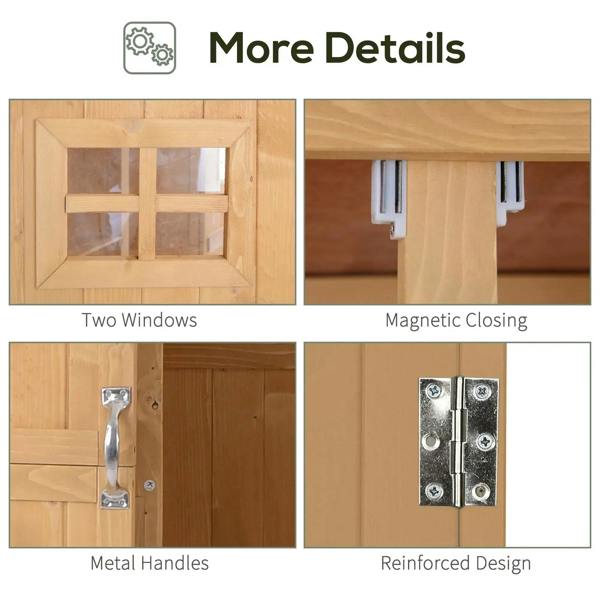 Natural wood shed details: two front windows, metal handles, magnetic closing, reinforced hinges