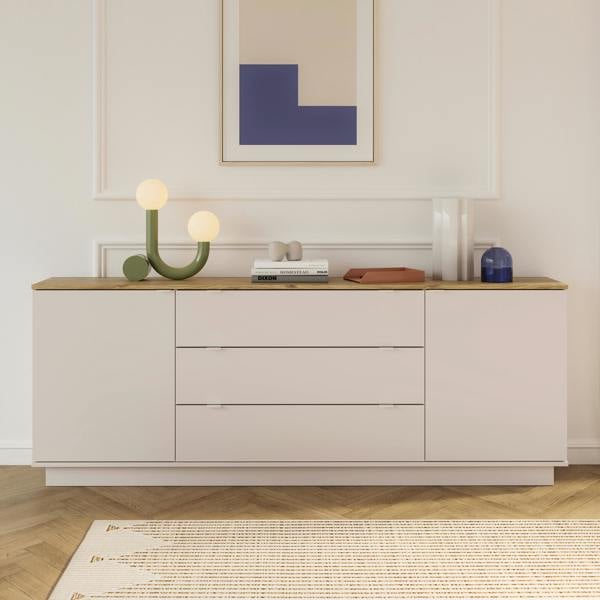 Furniture To Go Ganymede Large Sideboard with 3 Drawers & 2 Doors in Mauvella Oak and Sand