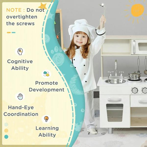 Kids white chef costume beside wooden pretend play kitchen with stove and sink