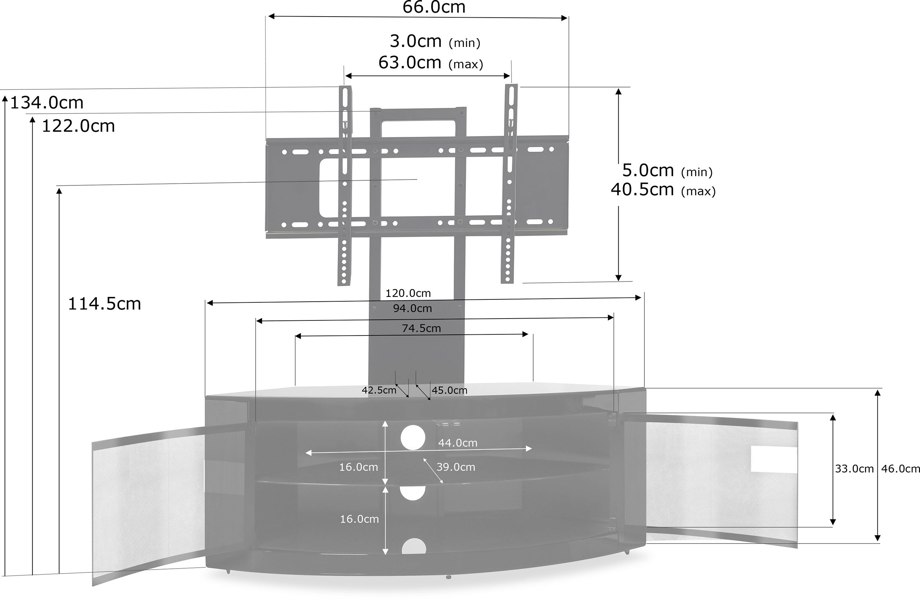 Centurion Supports PANGEA Gloss Black Beam-Thru Curved True-Corner 32"-50" TV Cabinet with Mounting Arm