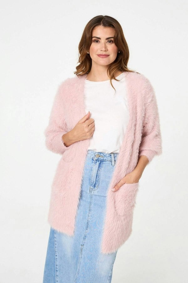 Pink | Soft Textured Longline Open Cardigan
