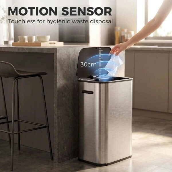 55L Sensor Bin for Kitchen, Touchless Automatic Waste Rubbish Bin, Stainless Steel, Battery Operated, Silver Tone