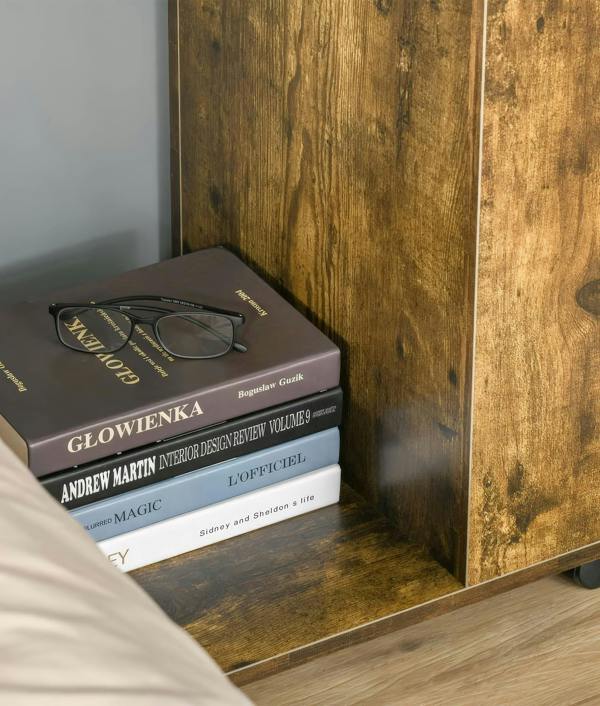 ADOV C Shaped Side Table with Wheels, Industrial Sofa End Table with Open Storage for Living Room and Bedroom