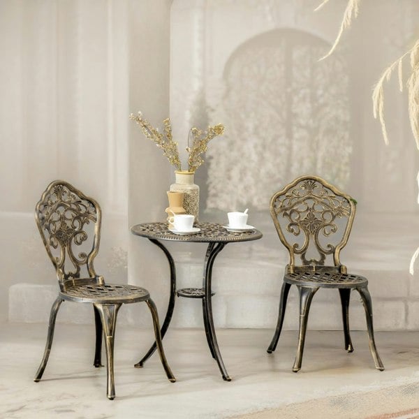 Rafaelo Mobilia Set of 3 Cast Aluminium Bistro Table And Chair With Parasol Hole Bronze