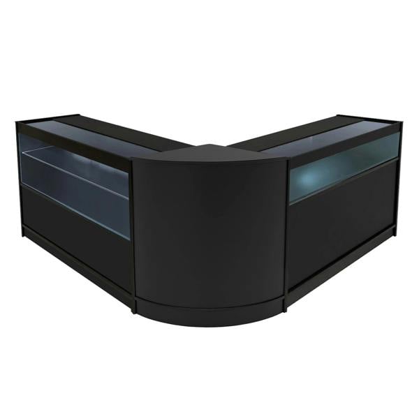Adonis LED Shop Counter Set in black features a sleek, modern design with glass display sections and smooth curved edges