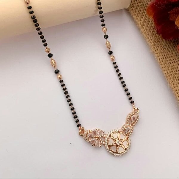 The Colourful Aura Indian Nazaria Rose Gold Floral Heart Zircon Mangalsutra Black Beads Necklace