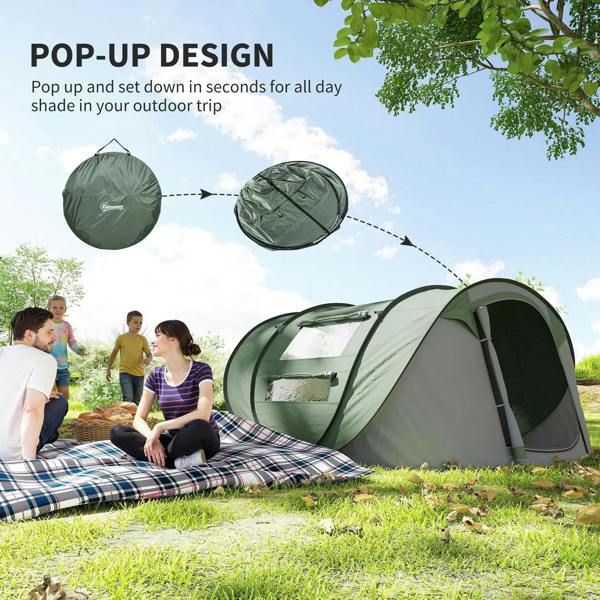 Dark green pop-up camping tent with front door open and compact carry form shown