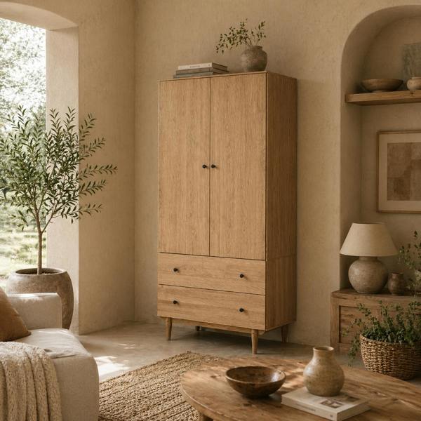 Wyld Haus Coramar Natural Wood 2 Door Wardrobe With Hanging Rail And 2 Drawers