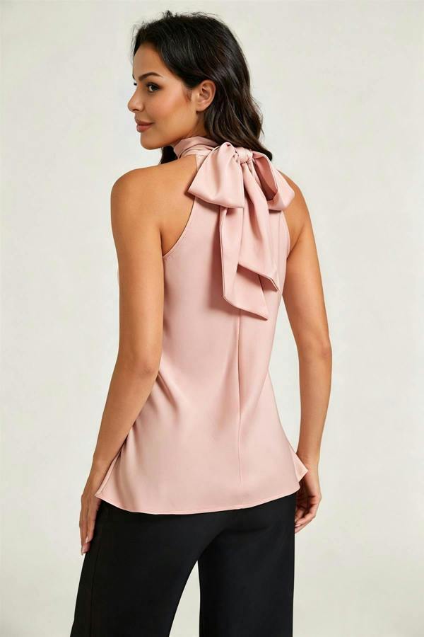 FS Collection Satin Halter Neck Tie Back Top In Dusty Rose