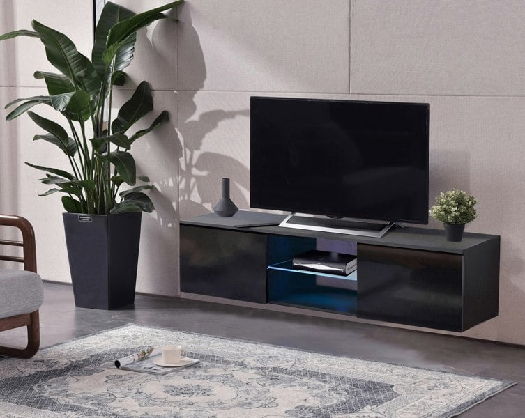 MDA Designs Ara Gloss Black Floating Modern TV Cabinet for Flat TV Screens of up to 65" Wall-Mounted Entertainment Unit with Built-in Blue LED Lights