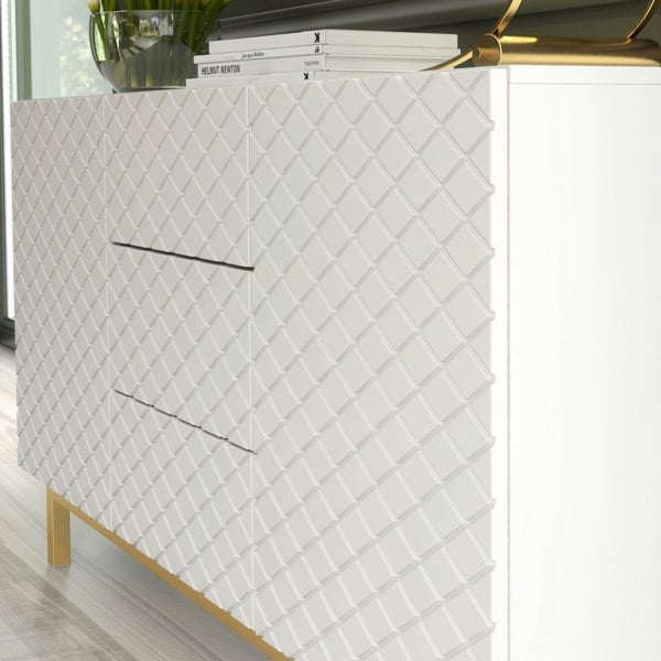 Mex Furniture White Matt Sideboard 140cm Diamond Pattern with Gold Legs