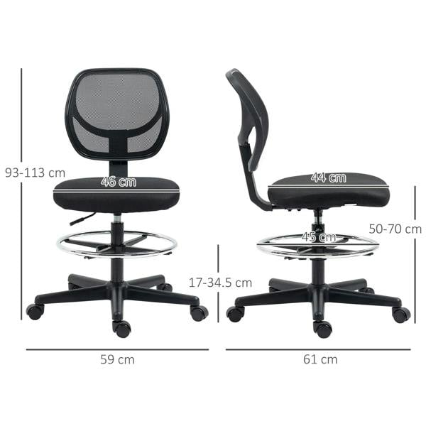 Black height-adjustable armless standing desk chair with padded seat, footrest ring, swivel base