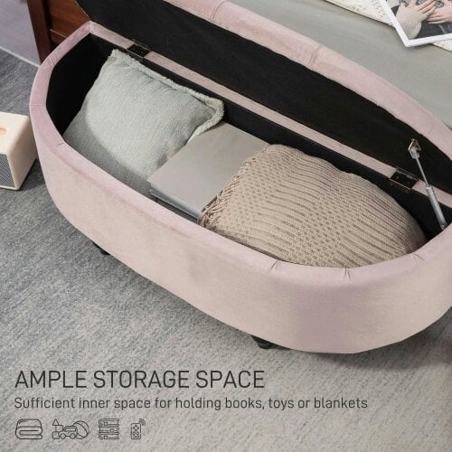 Bobobiy Semi-Circle Ottoman Storage Bench, Tufted Upholstered Window Seat Footrest Stool with Rubberwood Legs & Entryway, 120 x 46 x 42 cm, Pink