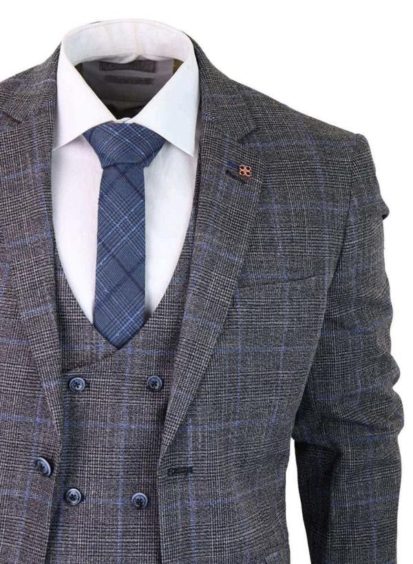 House of Cavani Mens 3 Piece Grey With Blue Check Tweed Vintage Classic Suit