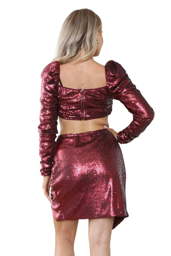 Elaina Fashion Women Burgundy Red Sequin Sparkle Co-ord 
