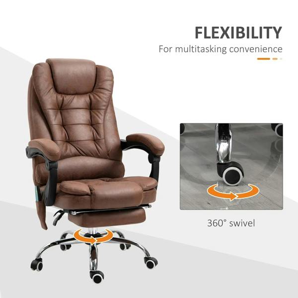Brown ergonomic office chair with 360° swivel base, curved armrests, footrest