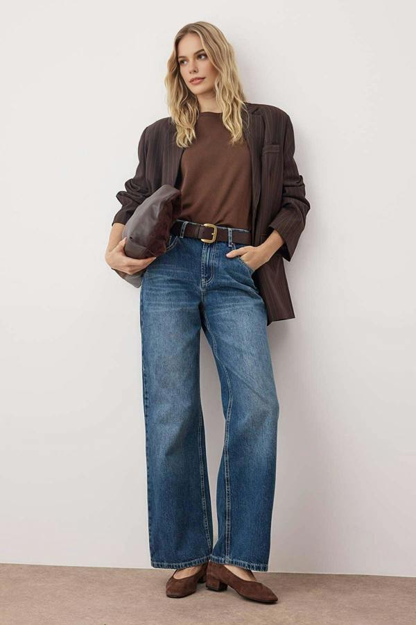 WOVCOR Faded Effect Vintage High-Waisted Wide Leg Jeans