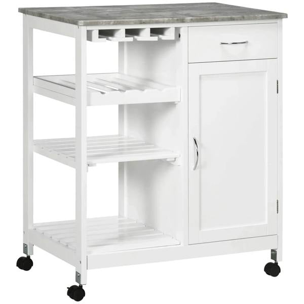 White kitchen trolley cart with gray top, open shelves, cabinet door, and drawer