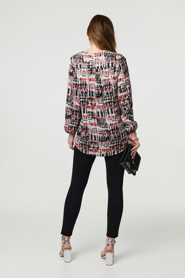 Coral | Printed Long Sleeve V-Neck Tunic Blouse
