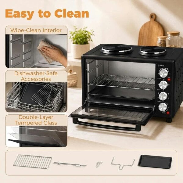 46L Mini Oven with Dual Hot Plates, Electric Countertop Cooker with Convection, 90–230°C Adjustable Temperature