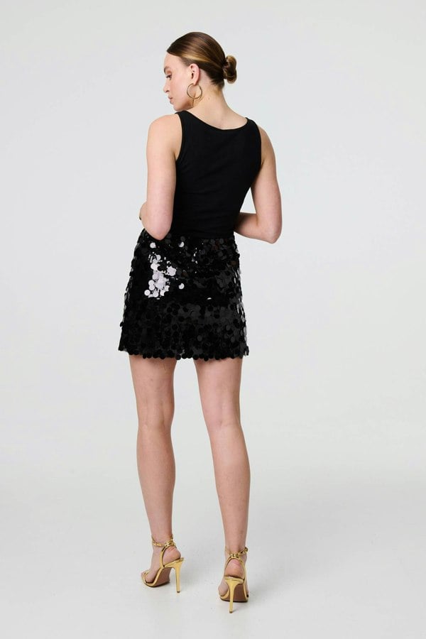 Black | Sequin Embellished A-Line Mini Skirt
