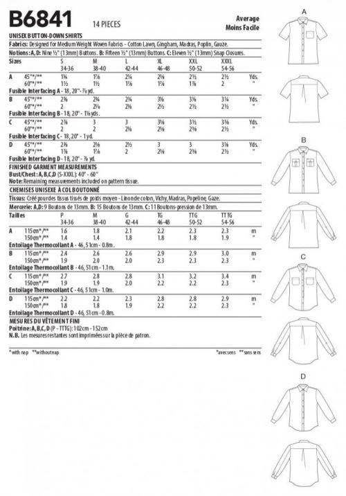 Butterick Sewing Pattern 6841, Shirts for Women, XM (S-M-L) - Intermediate