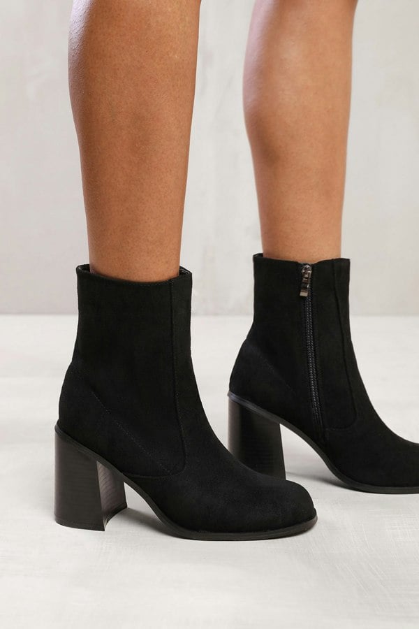 Where's That From Wren Ankle Boot With Chunky Heel and Side Zip in Black Suede