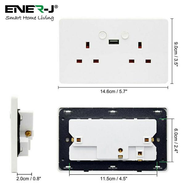 ENER-J Smart Wall Socket – WiFi Double Power Socket with USB & Type-C, Alexa & Google Compatible, 13A UK White