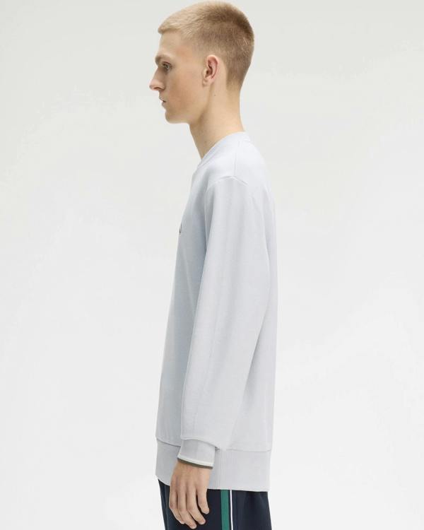 Fred Perry Mens Crew Neck Sweatshirt - Dusky Blue/Ecru/Laurel Wreath Green 80B | CHO | Designer Mens Sweatshirts