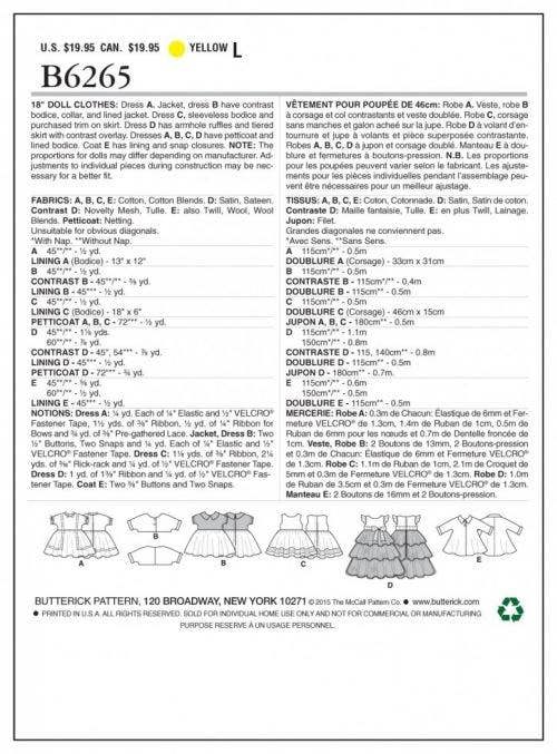 Butterick Sewing Pattern 6265, Doll Clothes One Size Only - Intermediate