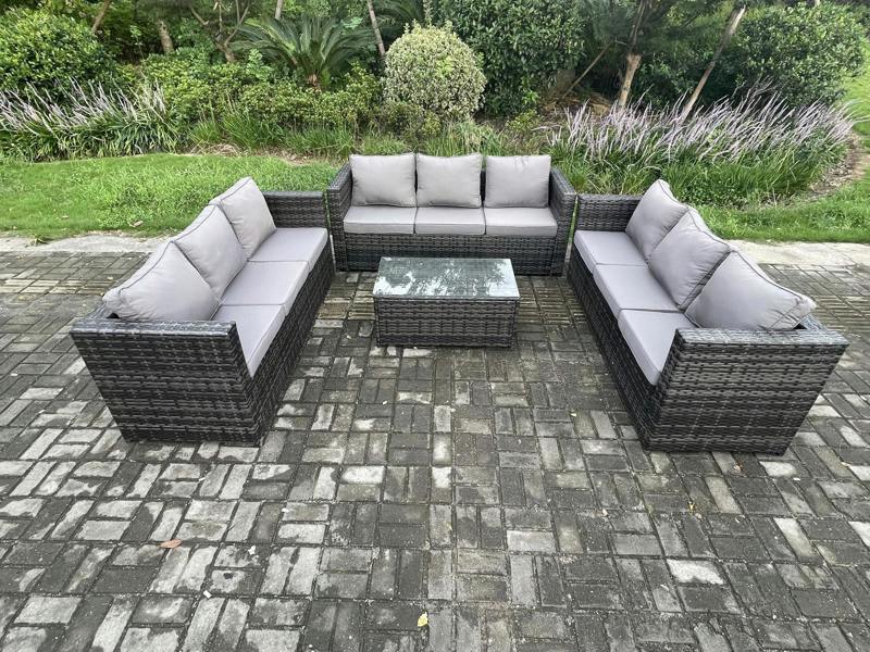 Fimous Outdoor Lounge Sofa Set Wicker PE Rattan Garden Furniture Set with Oblong Coffee Table Dark Grey Mixed