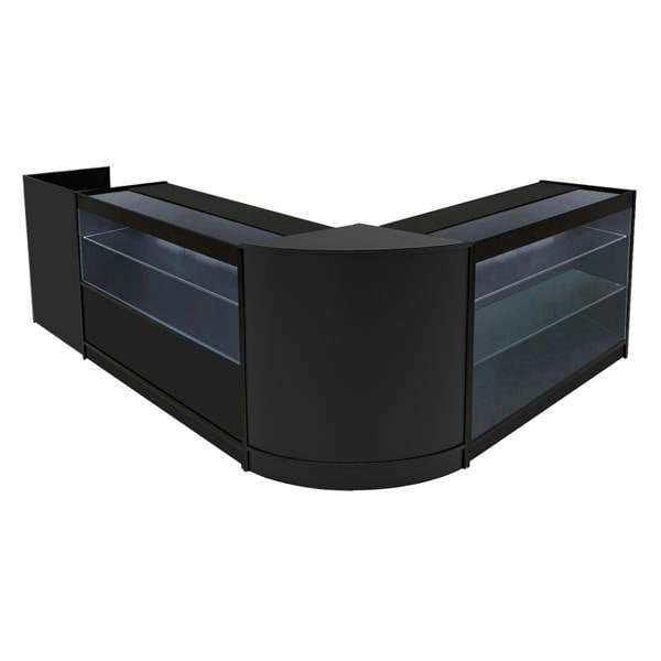 Vega LED Shop Counter Set in black features sleek curved design, glass display shelves, and modern LED lighting for retail spaces