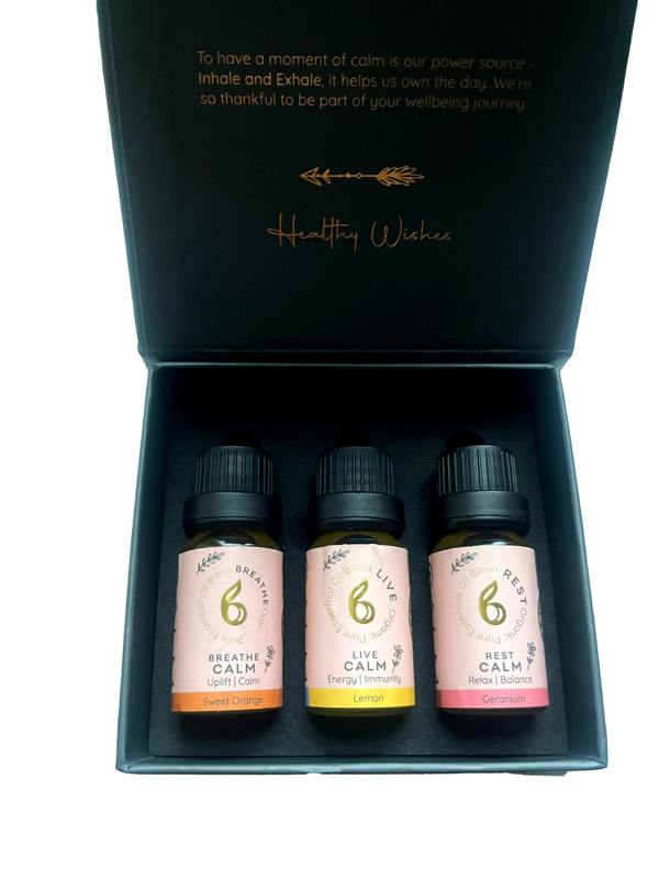 B Calm Blended Essential Oil Gift Set – Breathe, Live & Rest – Stress Relief, Energy Boost & Sleep & Hormone Support – 3×10ml