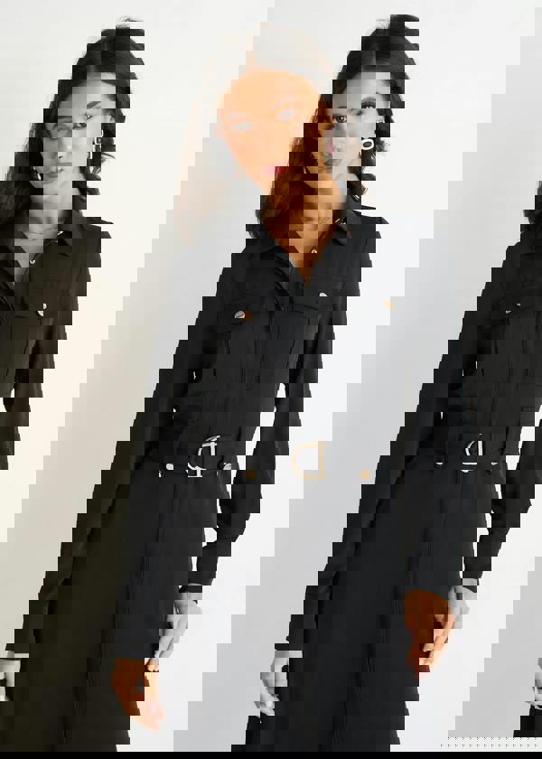 Gini London Black Luxe Gold Button Utility Shirt Dress