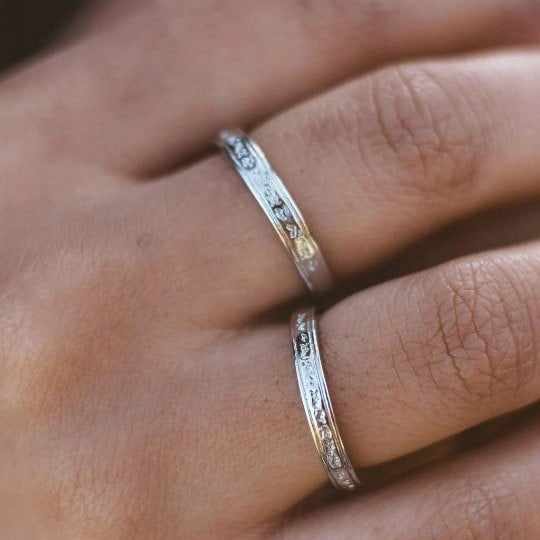 The Colourful Aura Adjustable Silver Engraved Couple Promise Ring Set