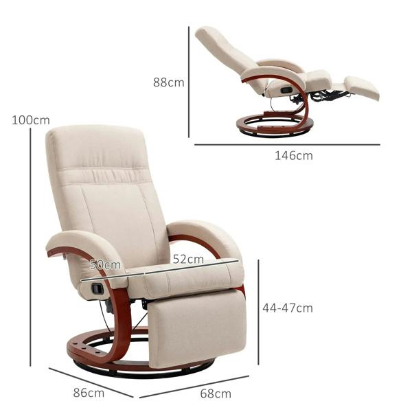 Beige reclining swivel chair with footrest, thick padded cushions and armrests