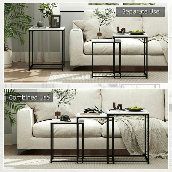 Nested tables for separate and combined use, white marble-effect tops, black frames