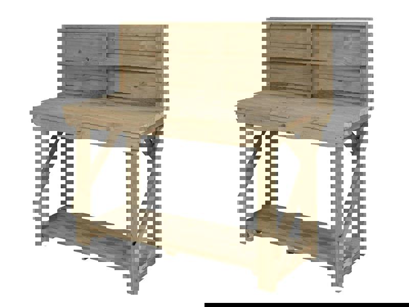Indoor/Outdoor Pressure-Treated Single Shelf with back panel Workbench, a robust and versatile solution for all your workspace needs. Handcrafted in the UK, this workbench is constructed from high-quality, pressure-treated timber, ensuring durability and resistance to the elements, making it suitable for both indoor and outdoor use.