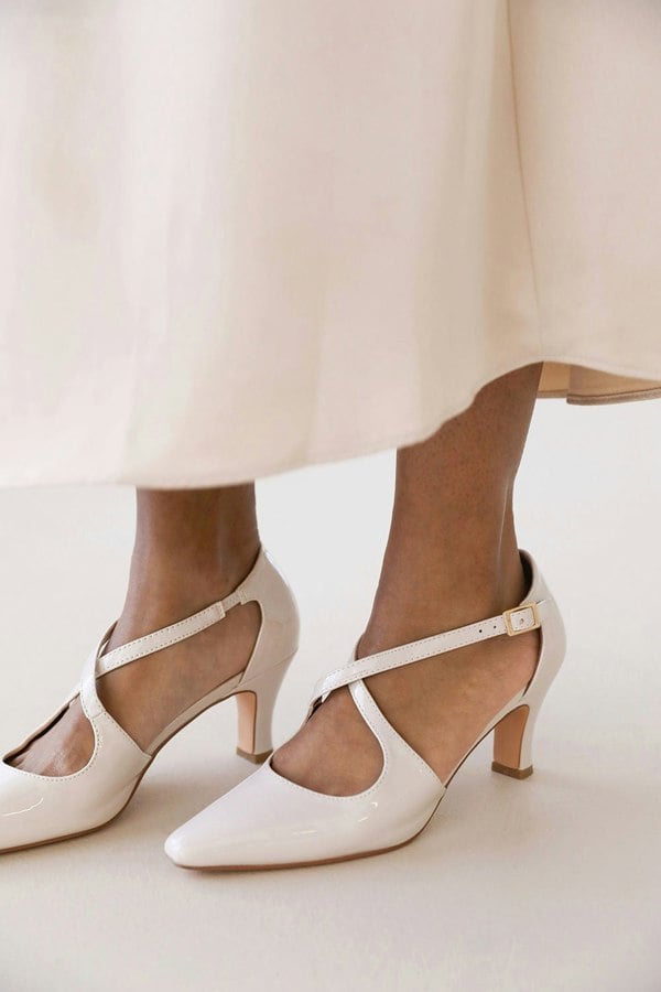 Where's That From Loreza Cross Over Strap Mid Block Heel in Cream Patent