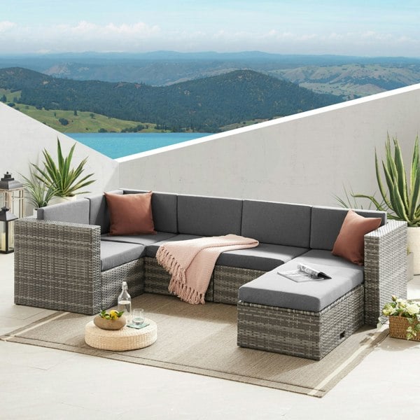 Outdoor Living The Tatton Grey Rattan Garden Furniture 6 Seat Corner Sofa and Coffee Table Patio Set