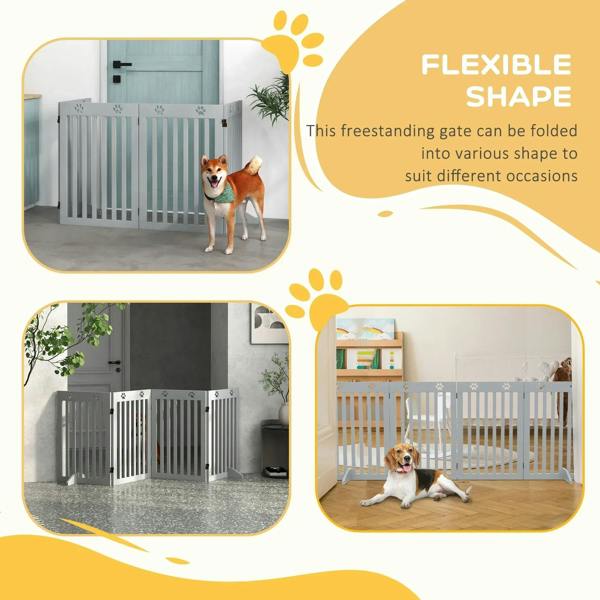 Grey freestanding wooden pet gate that folds into different shapes for various spaces