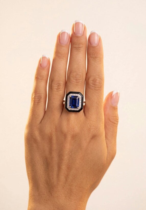 Latelita Art Deco Sapphire & Enamel Cocktail Ring Silver