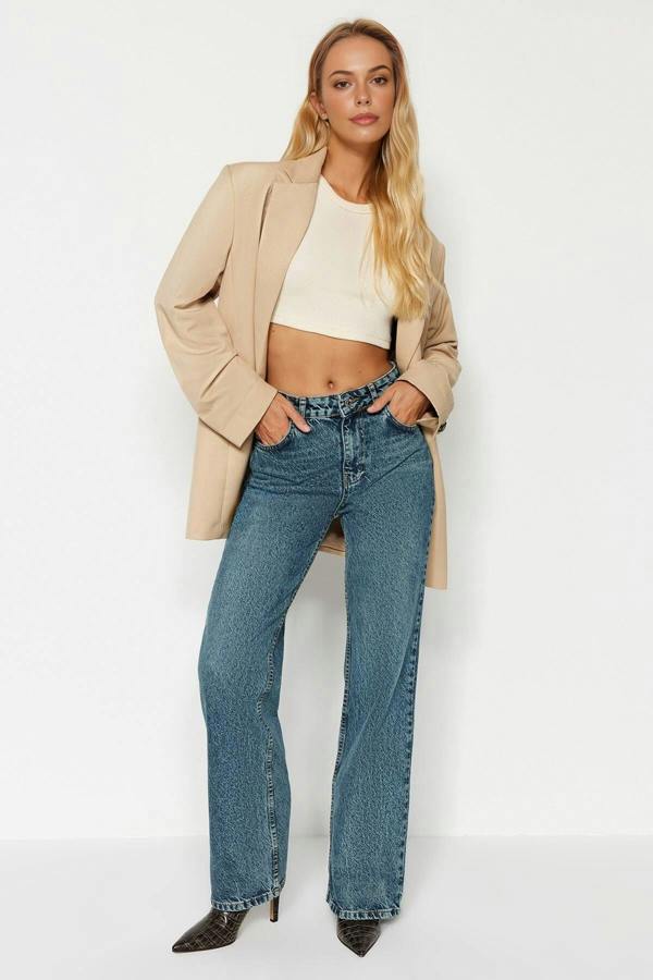 WOVCOR Faded Effect Vintage High-Waisted Wide Leg Jeans