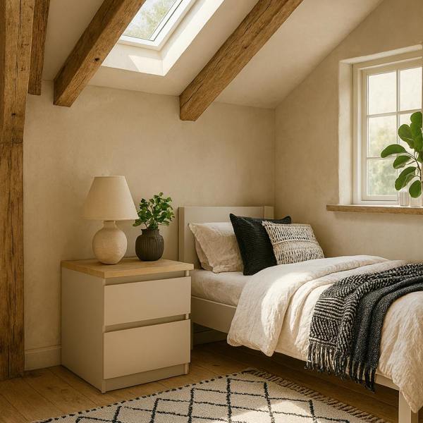 Wyld Haus Budapest Cream and Natural Oak Effect Wood Bedside Table 2 Drawers