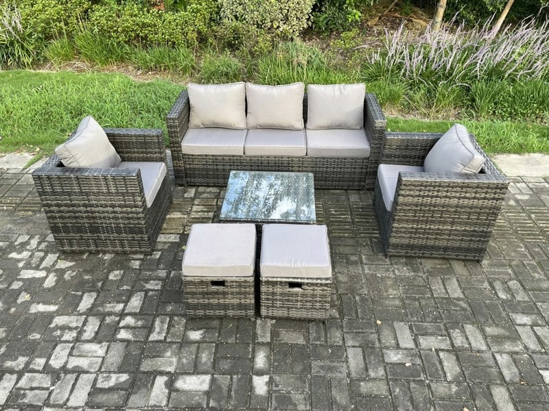Fimous Wicker Rattan Garden Furniture Sofa Set with Armchair Square Coffee Table 2 Small Footstools Dark Grey Mixed