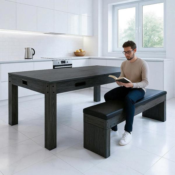 7-in-1 games table and storage bench in grey, featuring a sleek design, sturdy construction, and a comfortable seating area for versatile use