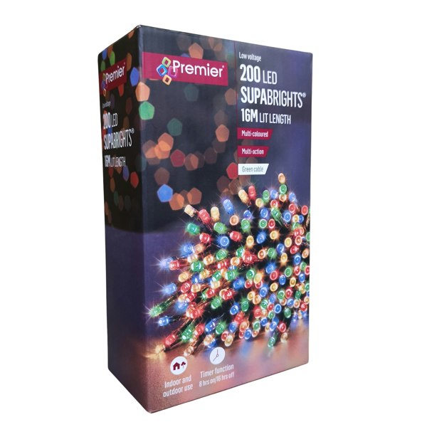 Samuel Alexander 200 LED 16m Indoor Outdoor Christmas Multi Function Mains Operated String Lights with Timer in Multicoloured