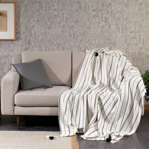 Cotton and Olive Tessa Cotton Tasselled Throw Blanket, Off-White | SECONDS