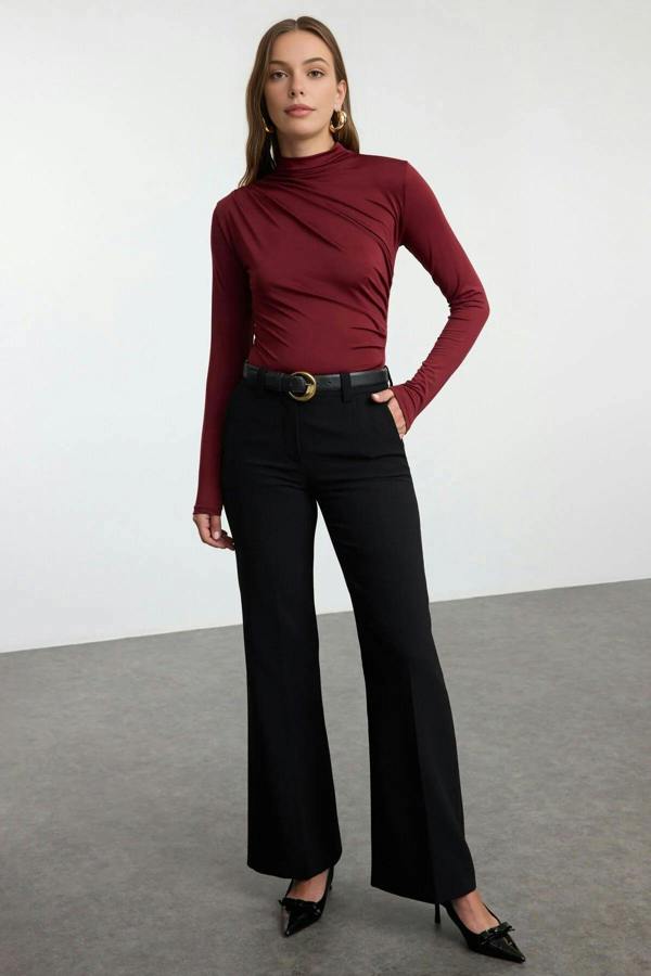 WOVCOR Stand Collar Knit Bodysuit with Gathered Detail
